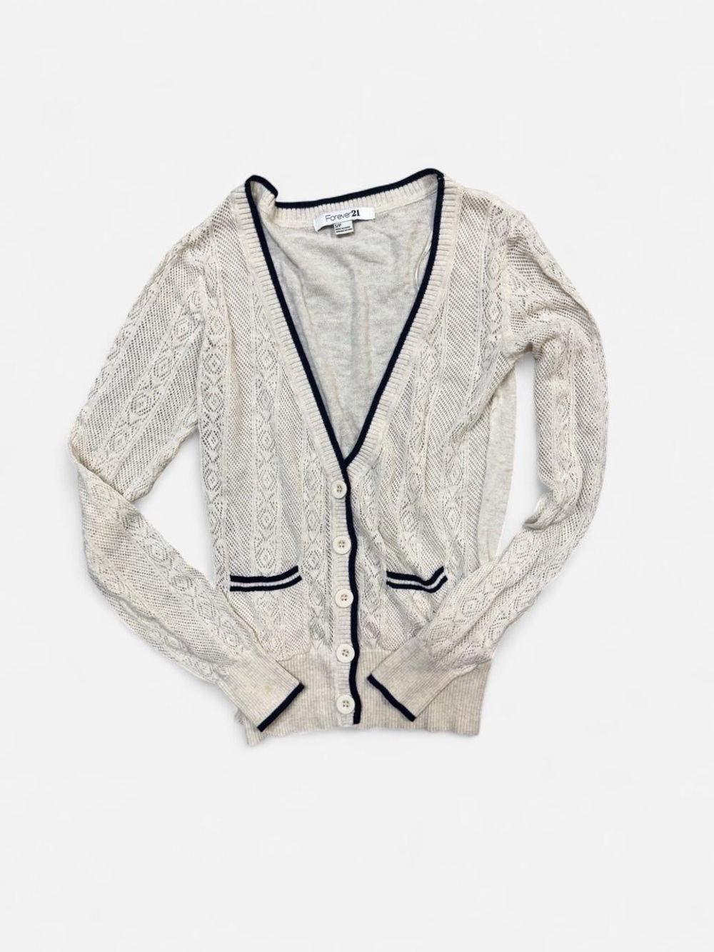 Forever 21 Cream Cable-Knit Cardigan with Navy Trim
